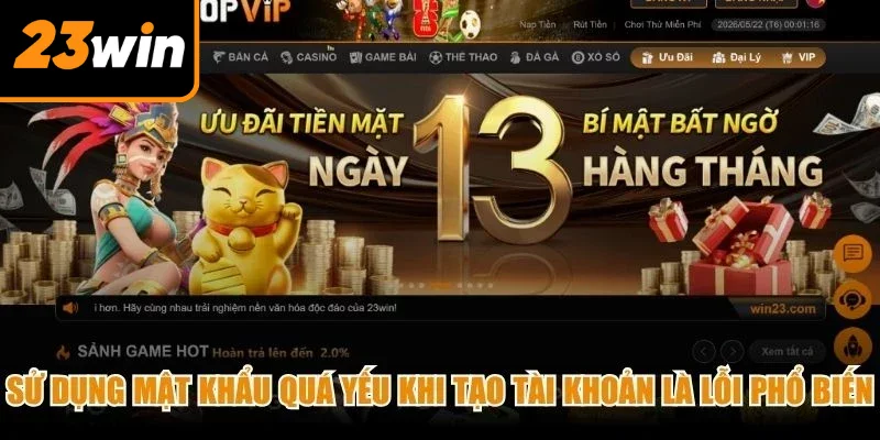 Sử dụng mật khẩu quá yếu khi tạo tài khoản là lỗi khá phổ biến khi đăng ký 23Win